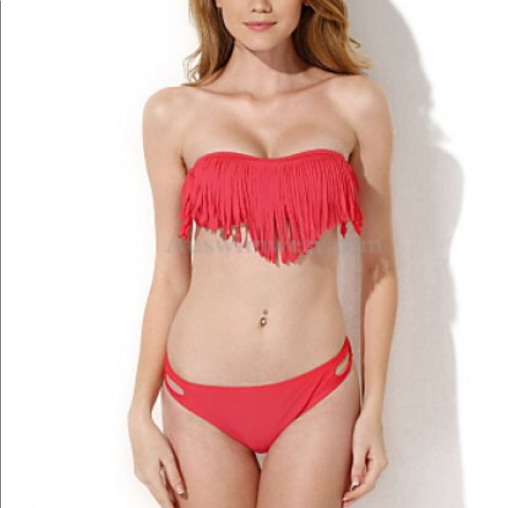 Red Fringe Bandeau Bikini Top
